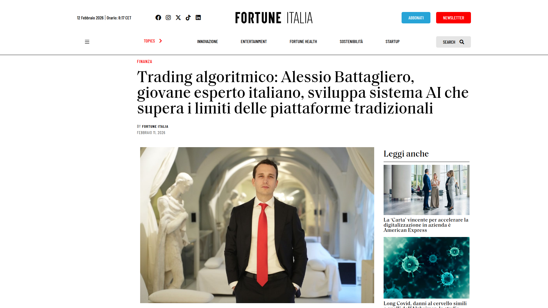 Articolo Fortune Italia - Trading algoritmico: Alessio Battagliero sviluppa sistema AI